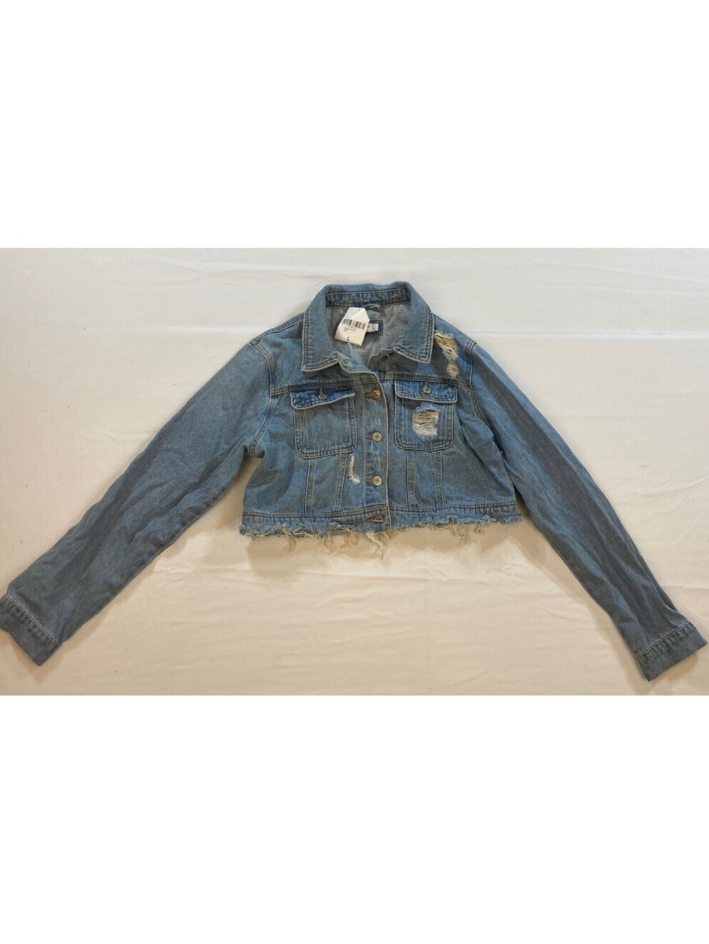 Forever 21 Junior Large Medium Wash Distressed Crop Button Denim Jean Jacket NWT